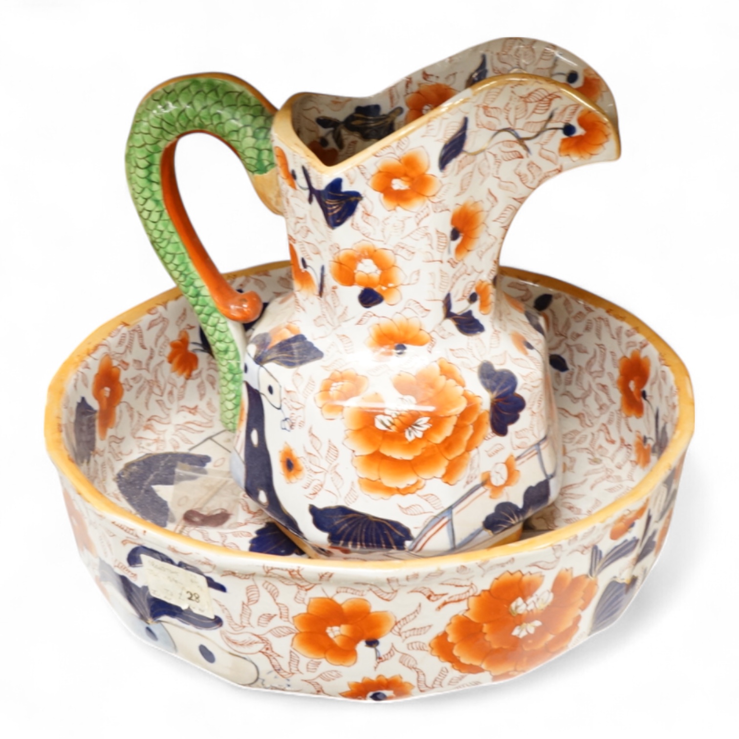 An Ironstone Imari pattern wash jug and basin, 36cm in diameter